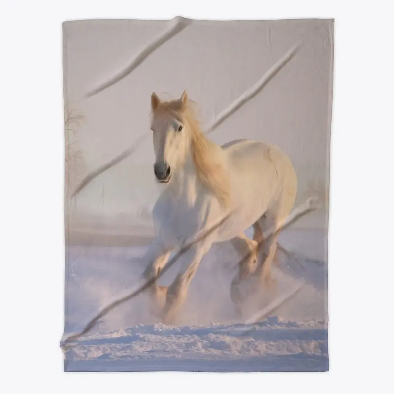 White horse running through the snow